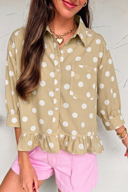 Polka Dot Print Three Quarter Sleeve Ruffle Hem Shirt