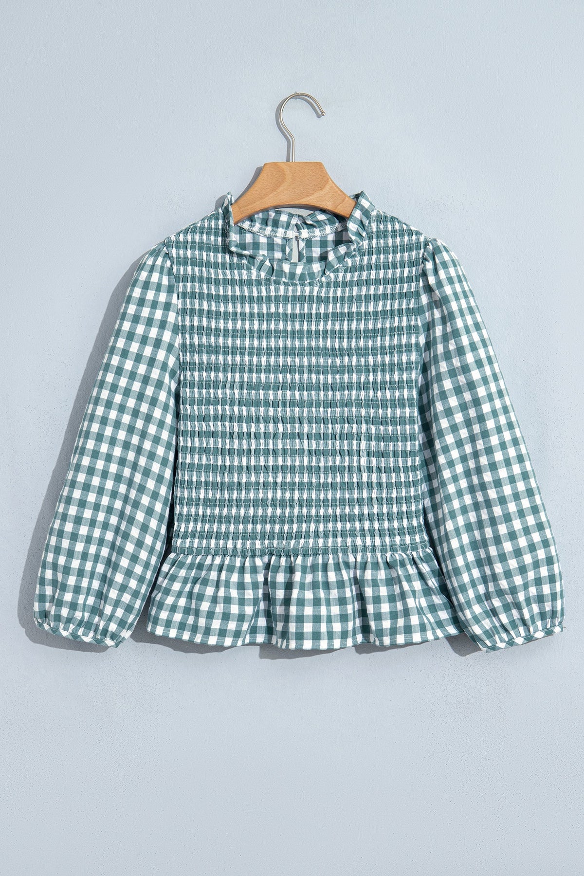 Gingham Shirred Long Sleeve Peplum Top — product image 4