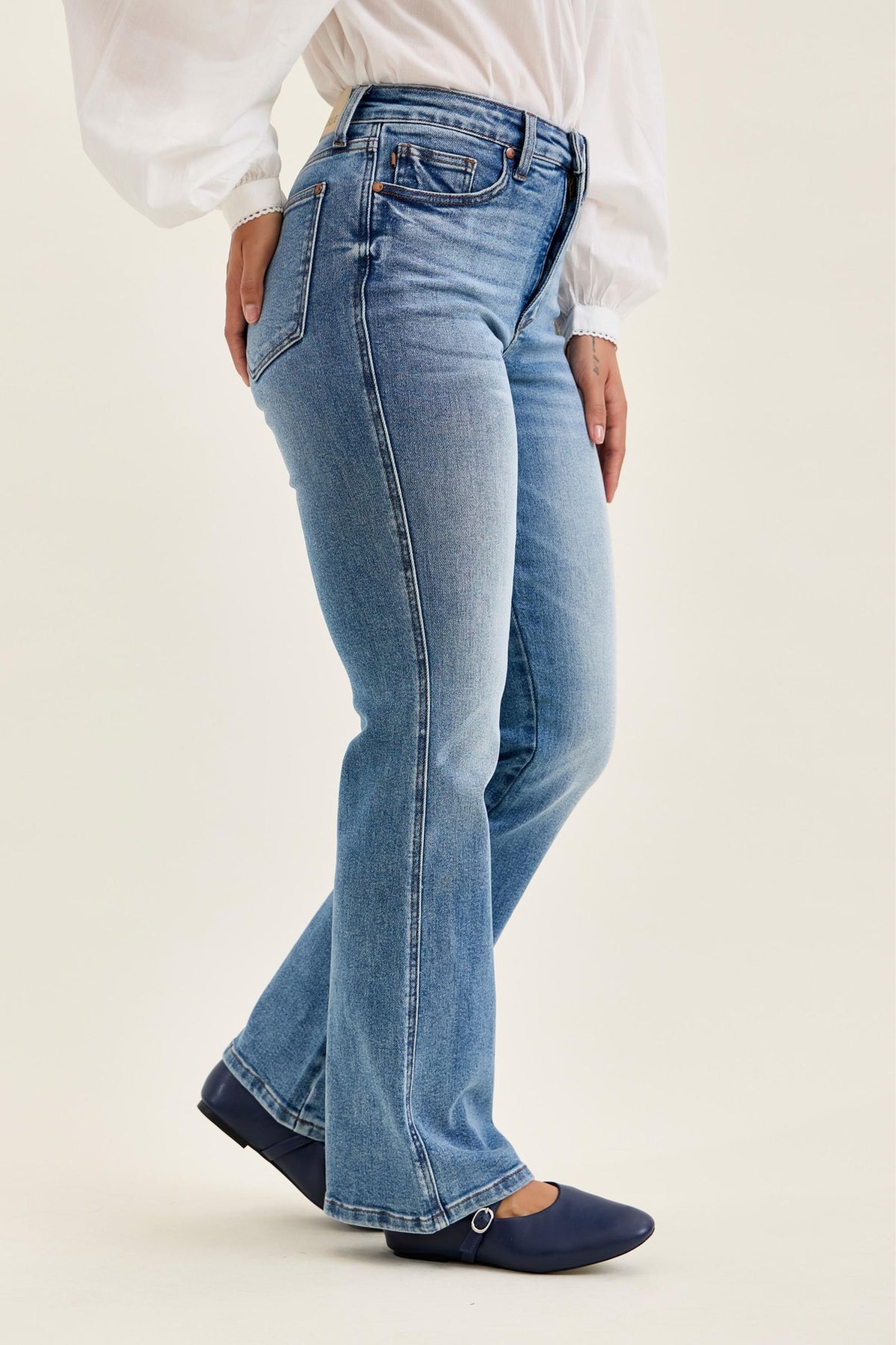 Judy Blue Tummy Control Daisy Bootcut Jeans — Classic Indigo