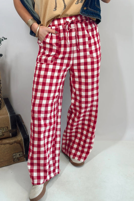 Gingham Plaid Tie-Waist Pants