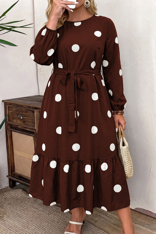 Brown Polka Dot Tie-Waist Dress