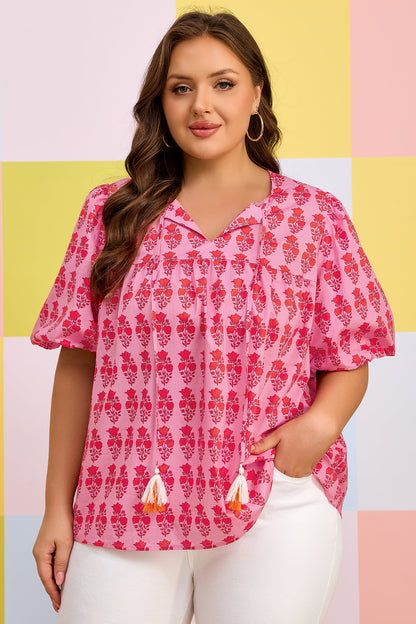Pink Floral Tassel-Tie Blouse