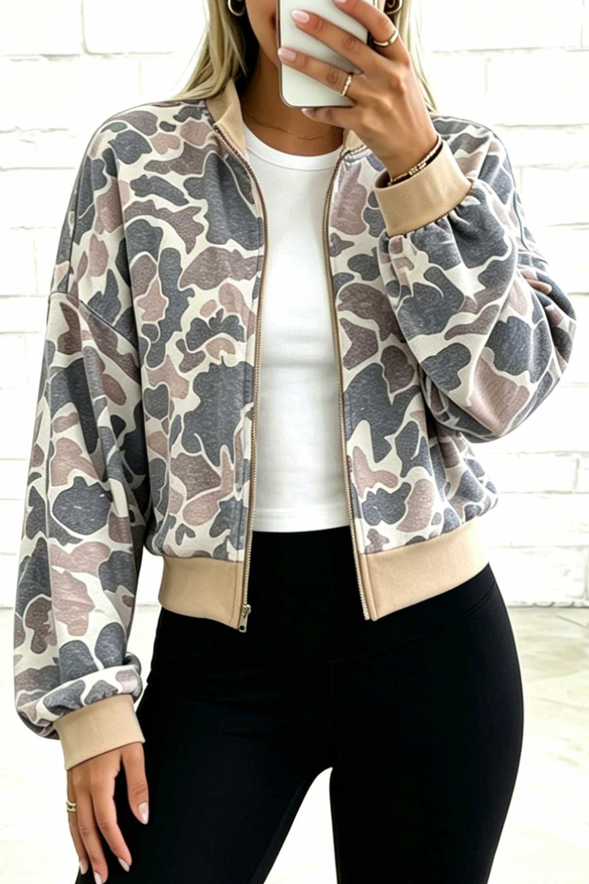 Camo Colorblock Zip Bomber Sweatshirt