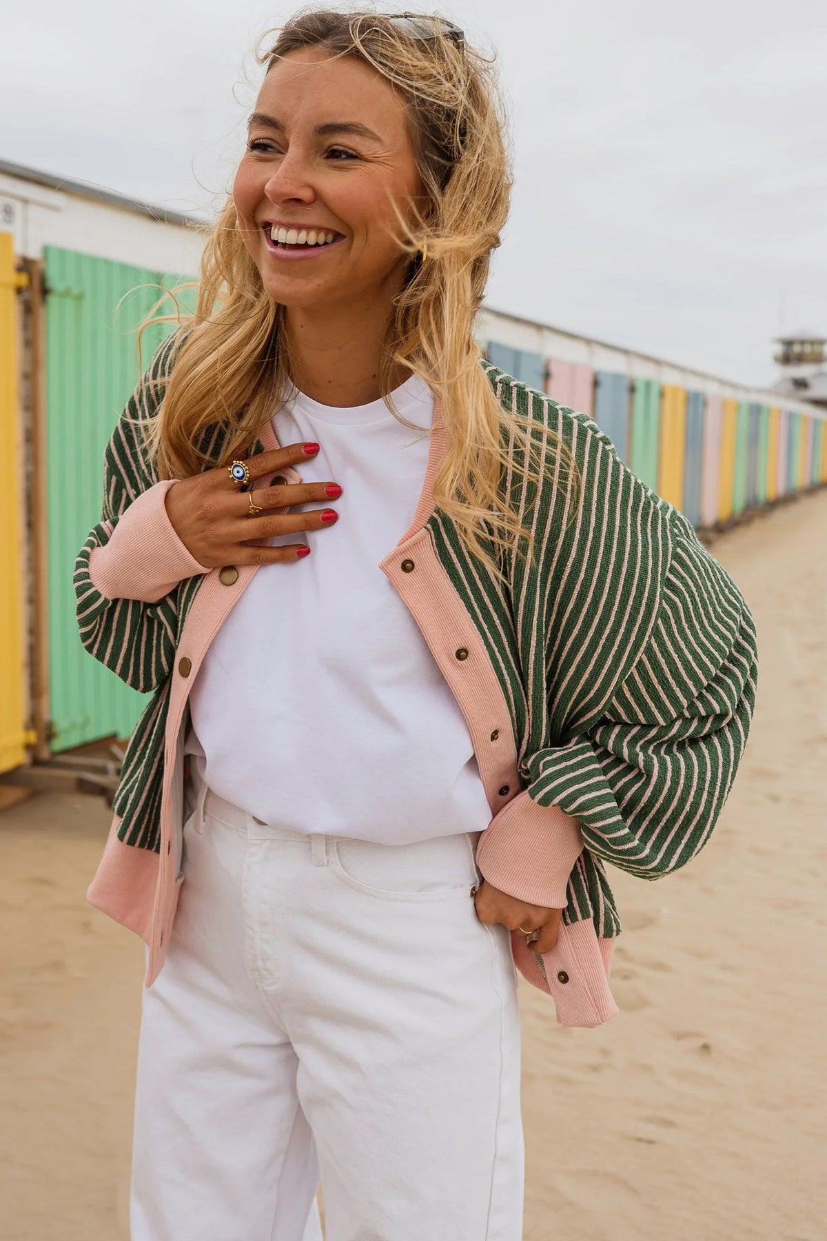 Green Stripe V-Neck Cardigan