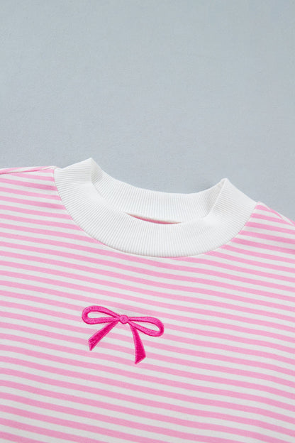 Stripe Bow Embroidered Contrast Mock Neck Sweatshirt