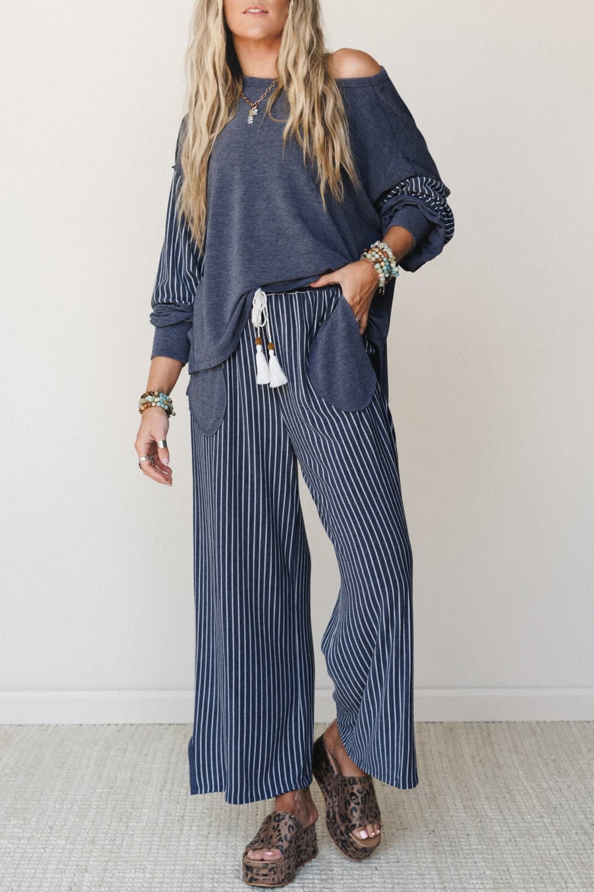 Fushia Raw Seam Patchwork Long Sleeve Top Pocket Casual Pants 2pcs Set