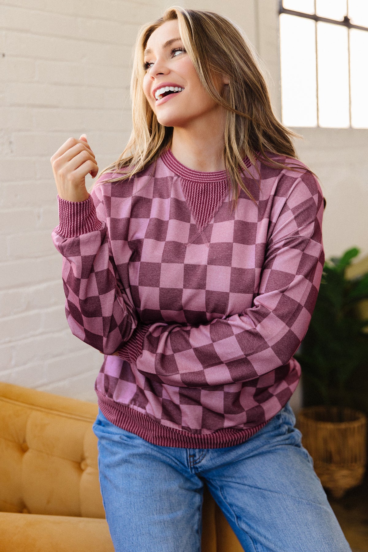 Red Check Ribbed-Trim Pullover