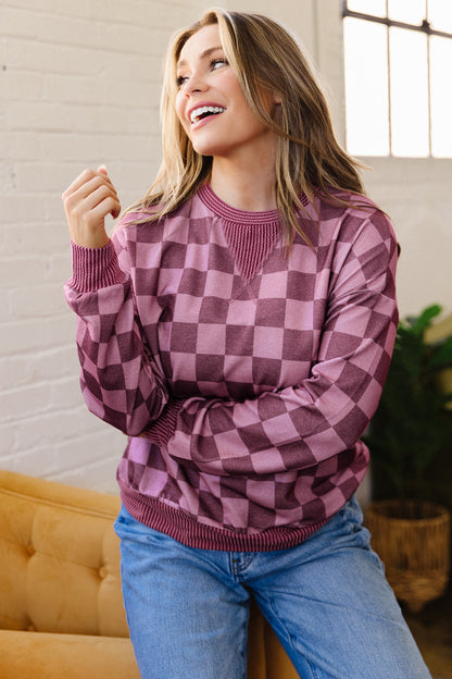 Red Check Ribbed-Trim Pullover