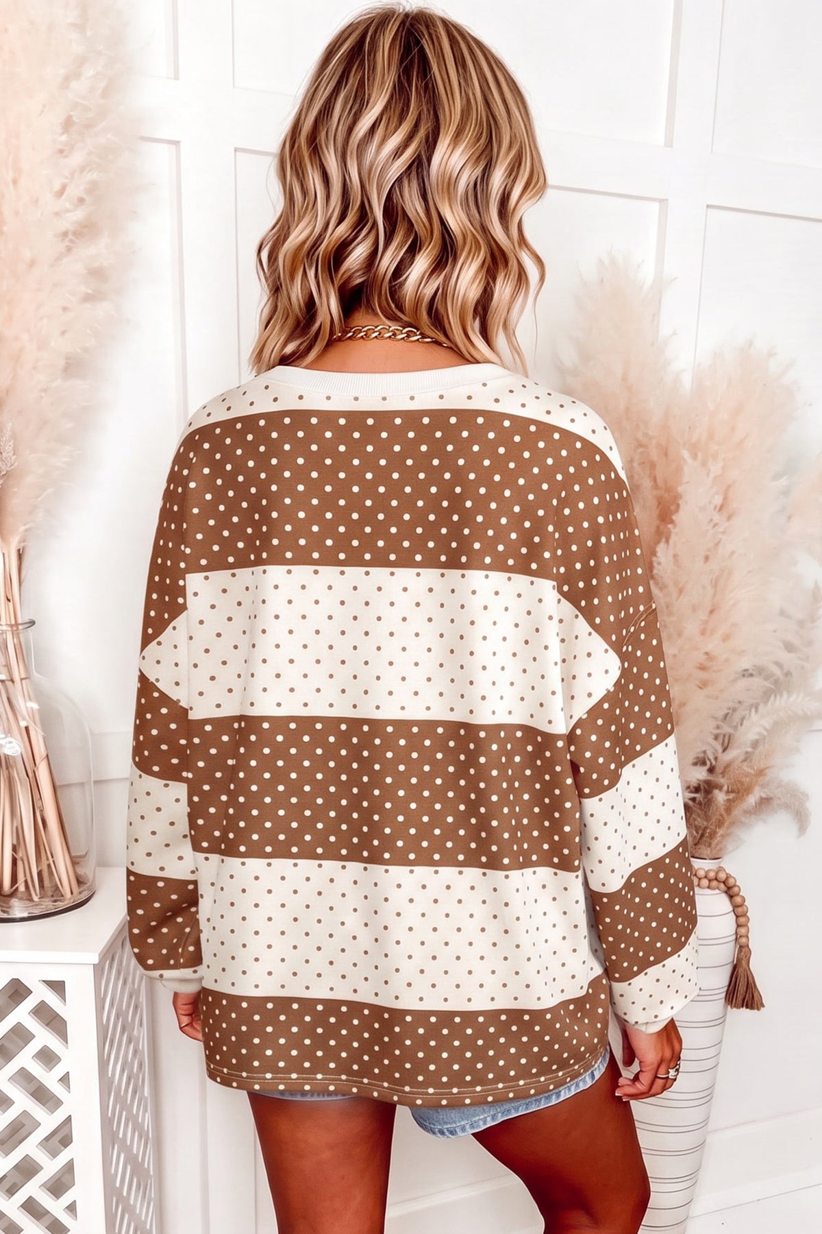 Polka Dot Patchwork Colorblock Long Sleeve Top