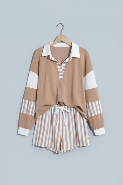 Stripe Colorblock Polo Top & Drawstring Shorts Set