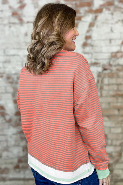 Orange Stripe Colorblock Detail Raw Seam Long Sleeve Top