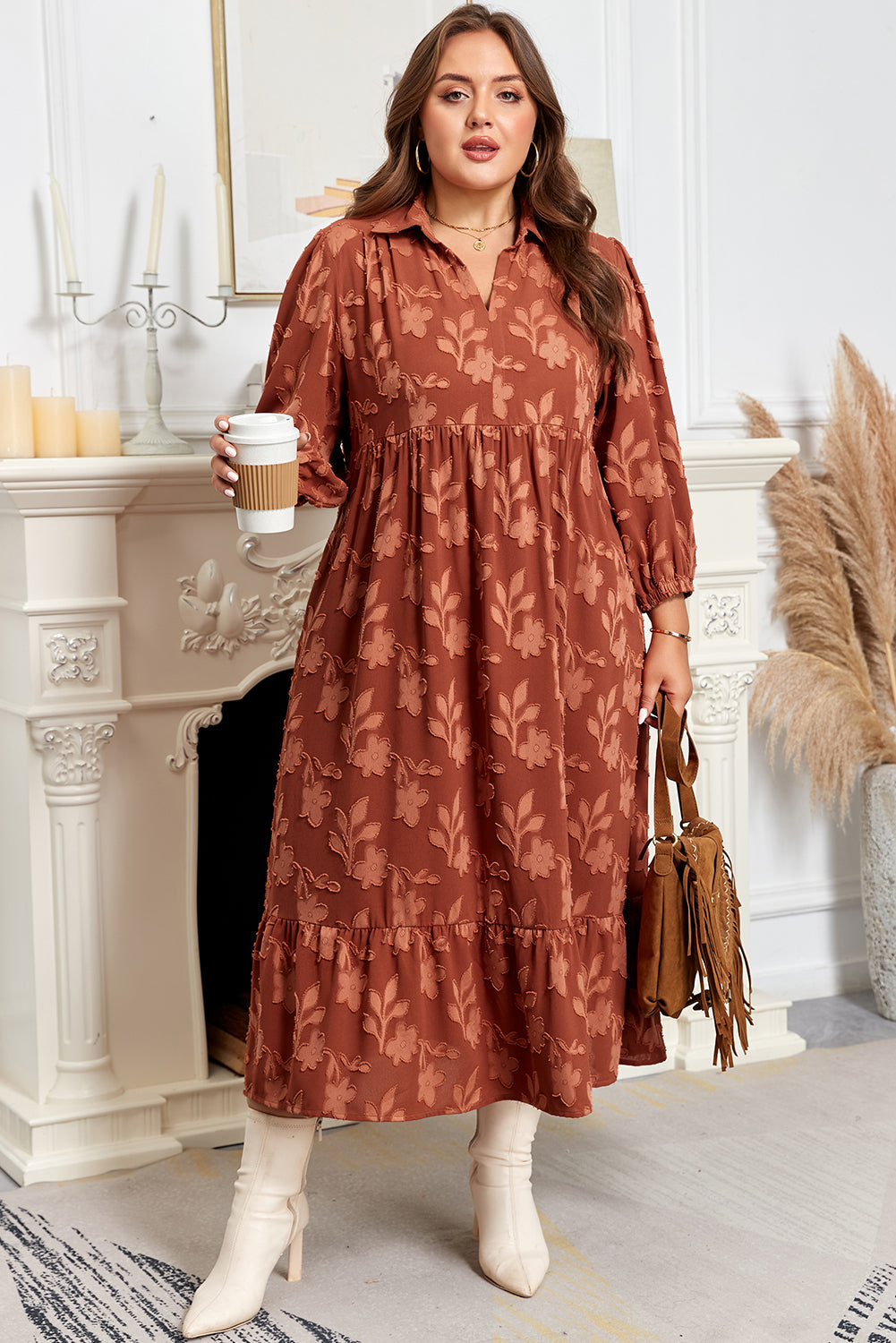 Cinnamon 3D Floral Ruffle Maxi Dress