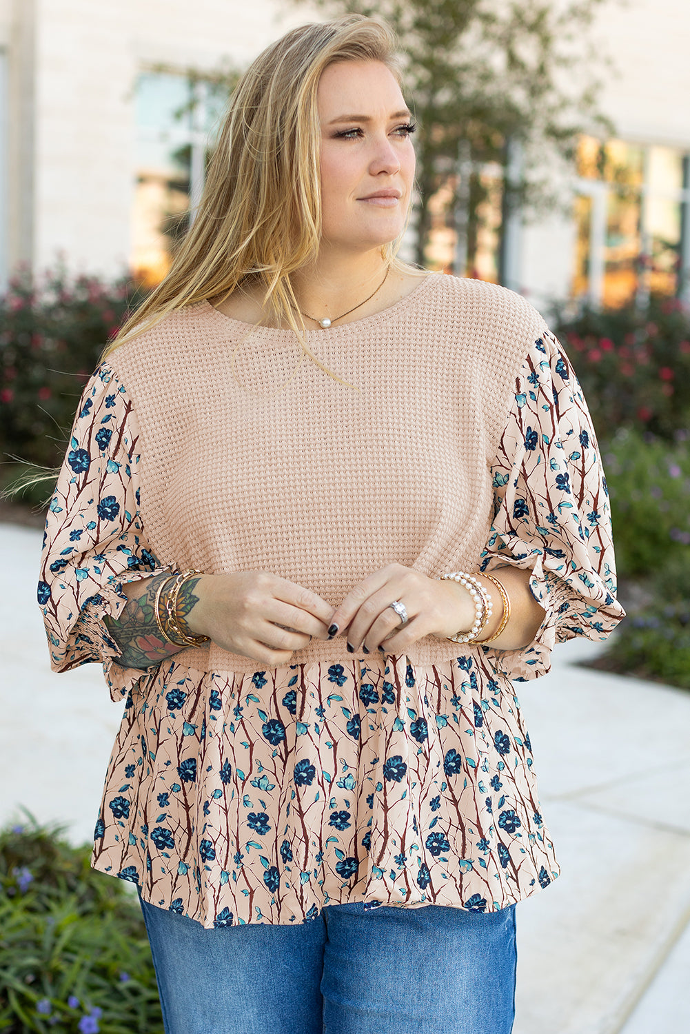 Beige Floral Layered-Look Top