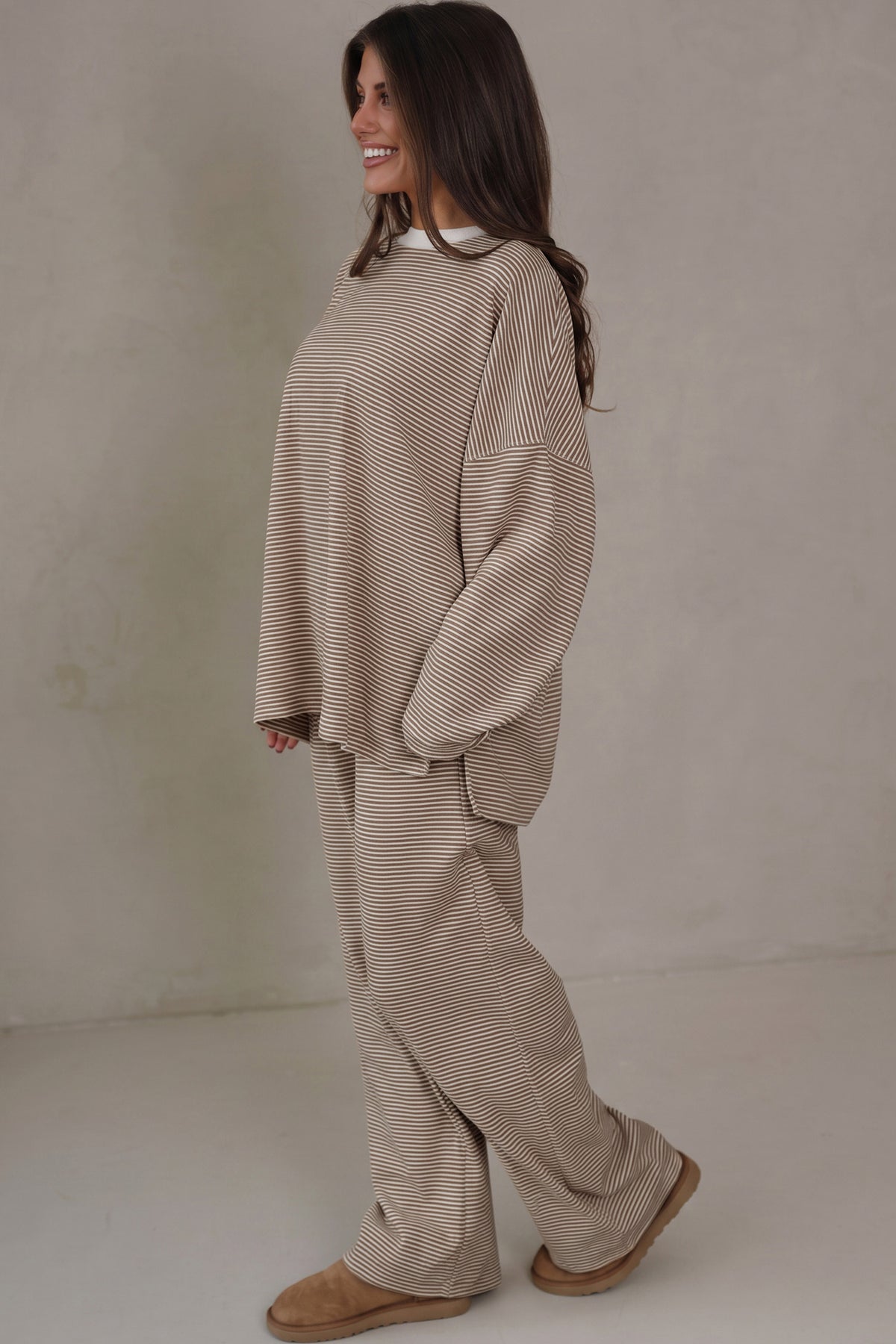 Blue Stripe Contrast Trim Round Neck Oversize Long Sleeve Top 2pcs Pant Set