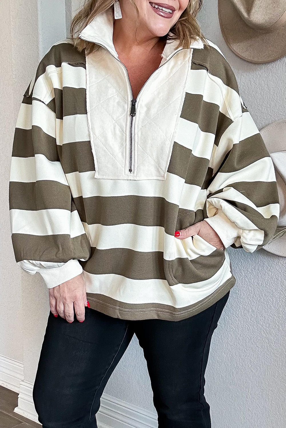 Green Stripe Half-Zip Sweatshirt