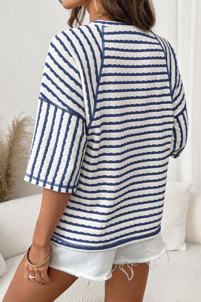Textured Knit Split Hem Half Sleeve Loose Top