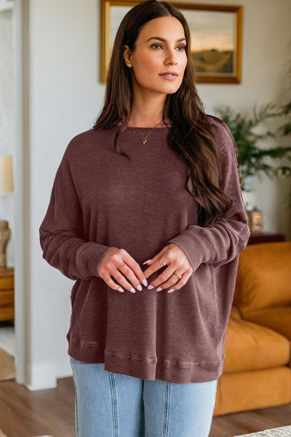 Waffle Knit Patchwork Long Sleeve Loose Top