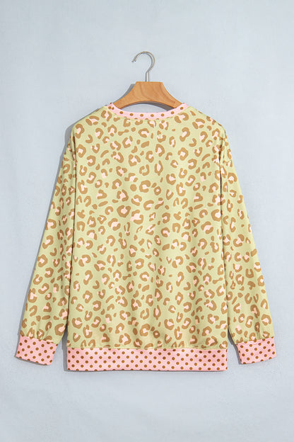 Leopard Polka Dot Colorblock Trim Long Sleeve Top