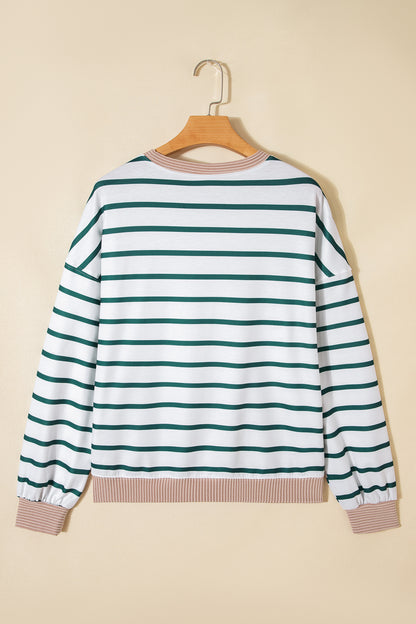 White Stripe Ribbed Drop-Shoulder Sweatshirt