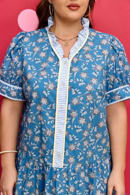 Blue Floral Stripe Ruffle Dress