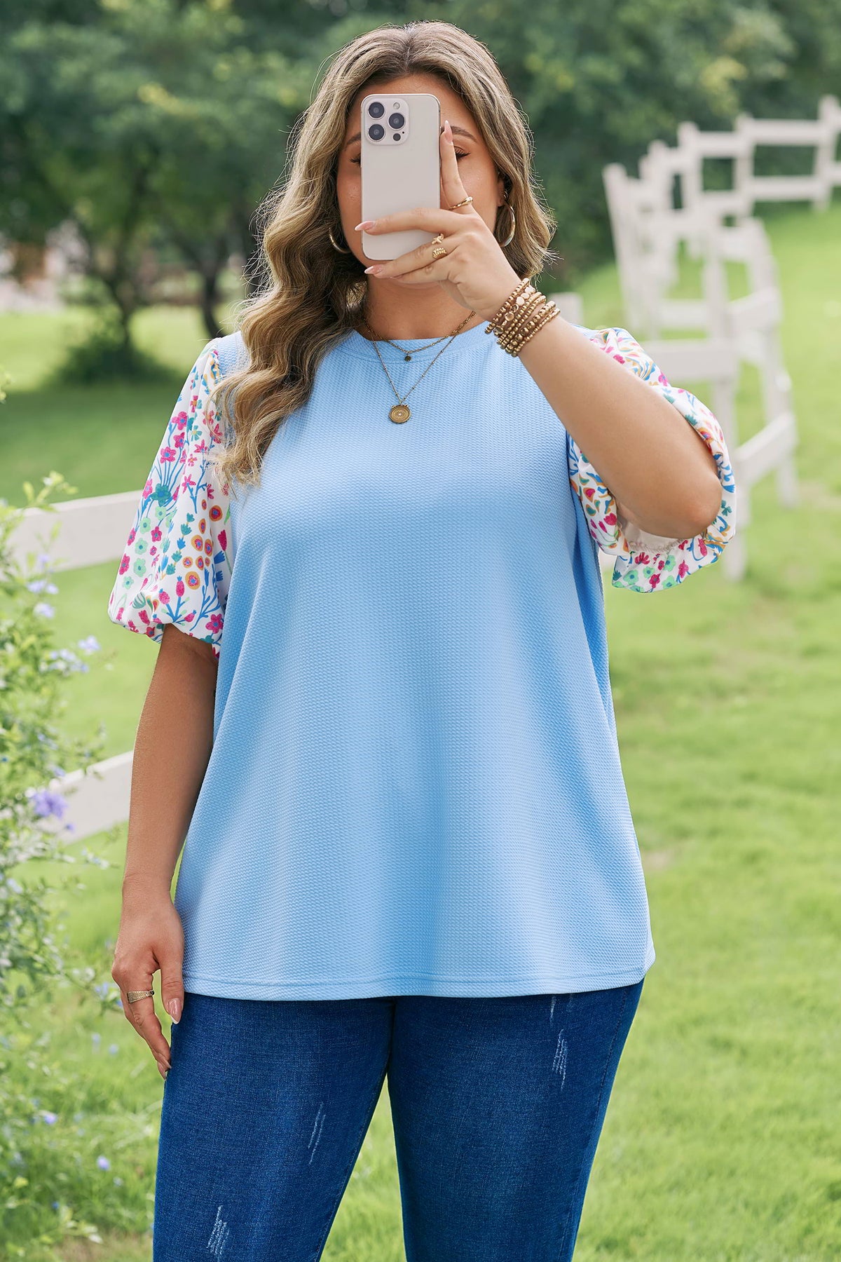 Floral-Sleeve Textured Top