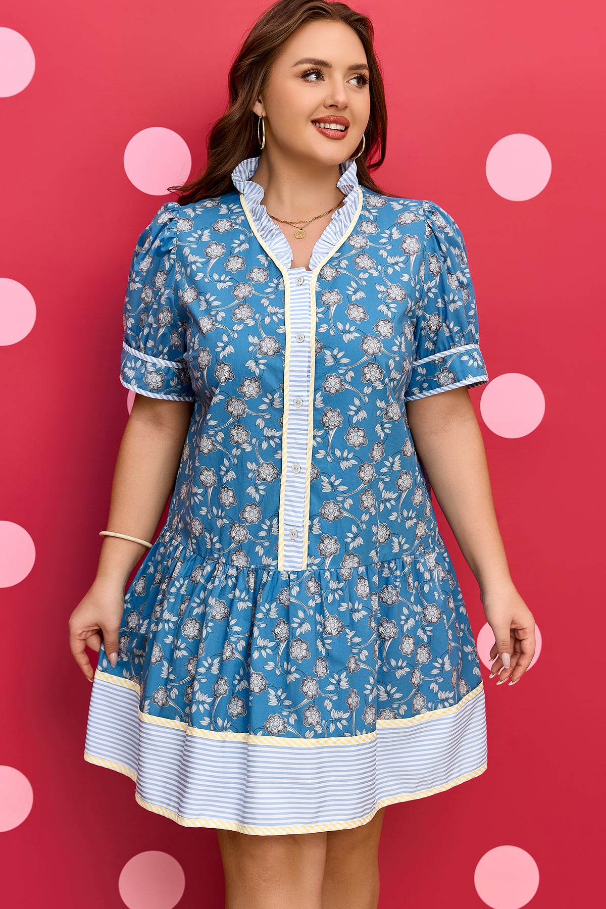 Blue Floral Stripe Ruffle Dress