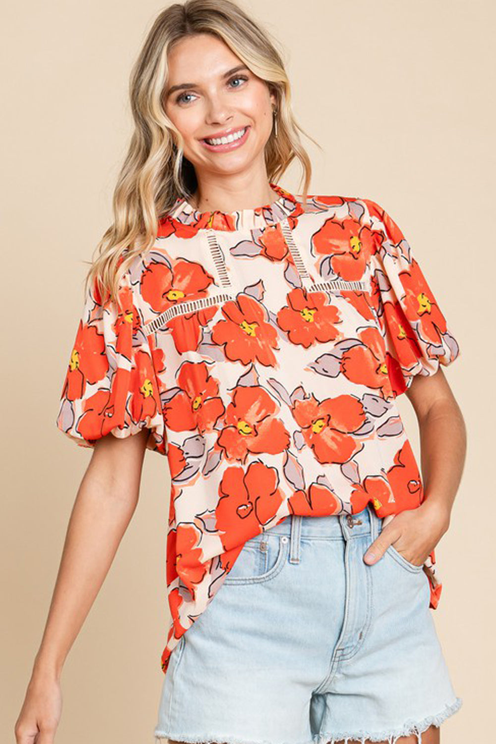 Floral Bubble-Sleeve Blouse