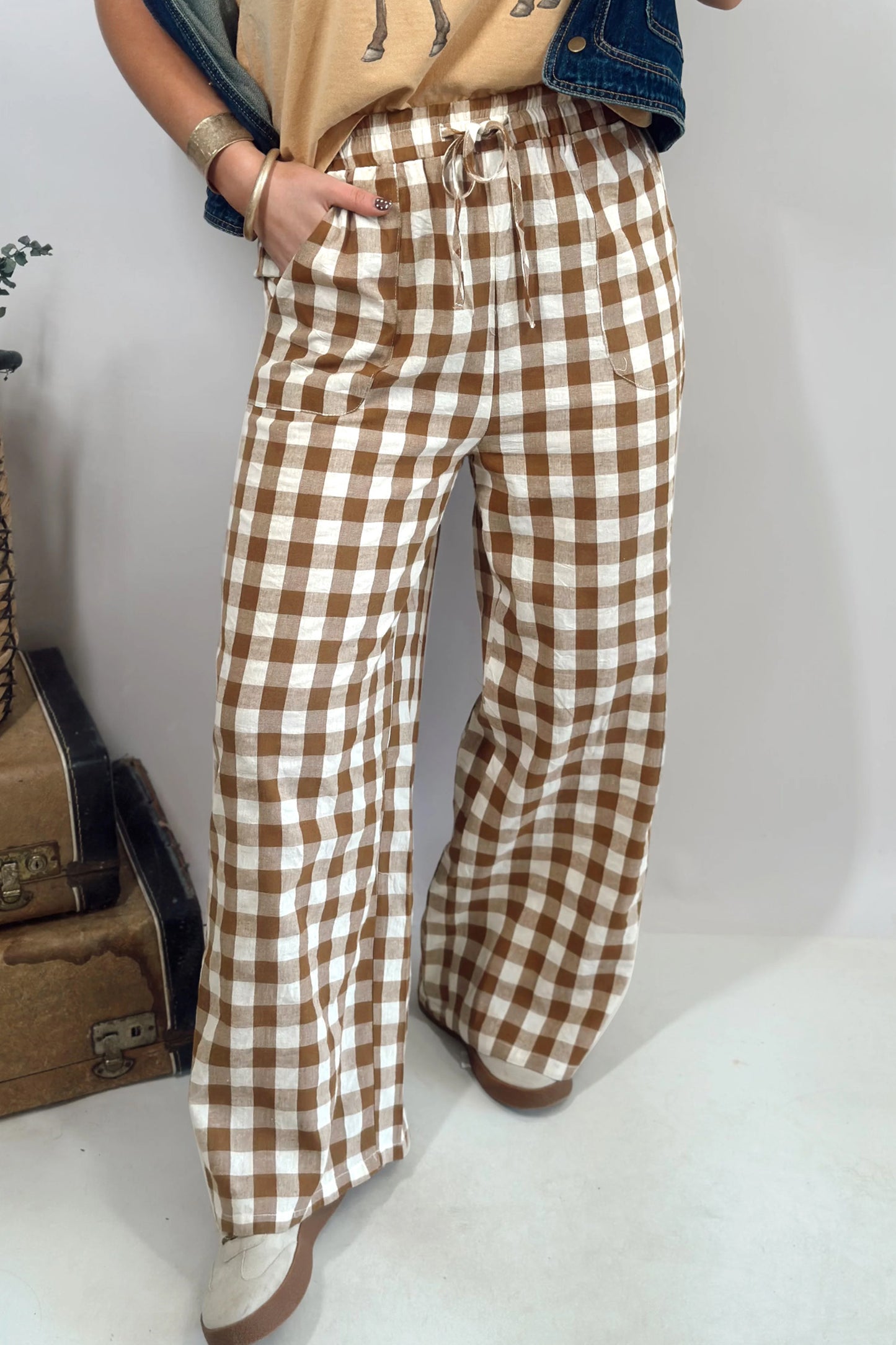 Red Gingham Plaid Tie Elastic Waist Shift Pants