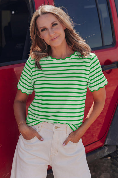 Scalloped Trim Round Neck T Shirt