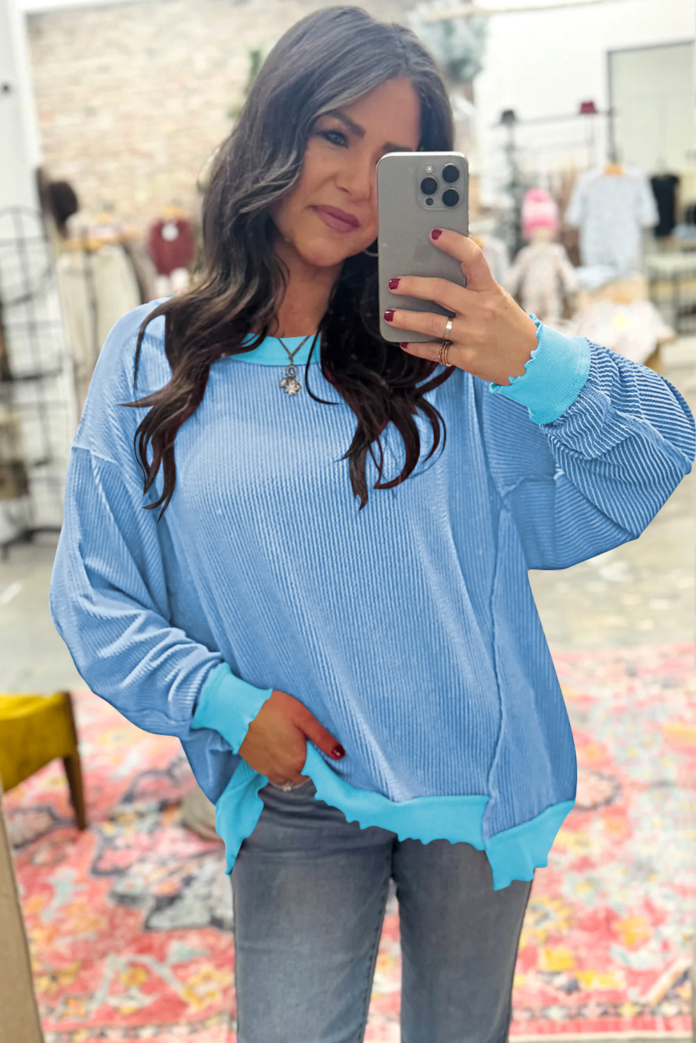 Twisted-Rib Drop-Shoulder Knit Top