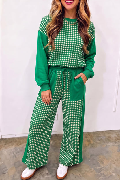 Red Color Block Plaid Patchwork Long Sleeve Pullover Wide Leg Pant Set