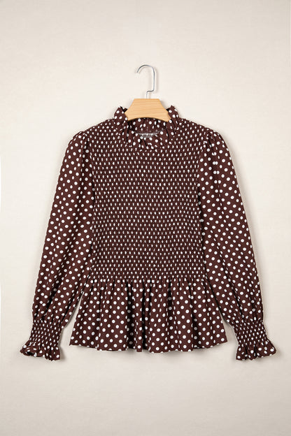 Polka Dot Ruffle-Neck Blouse
