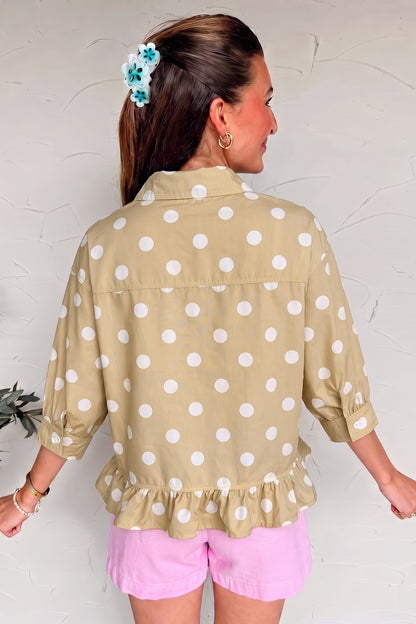 Polka Dot Print Three Quarter Sleeve Ruffle Hem Shirt