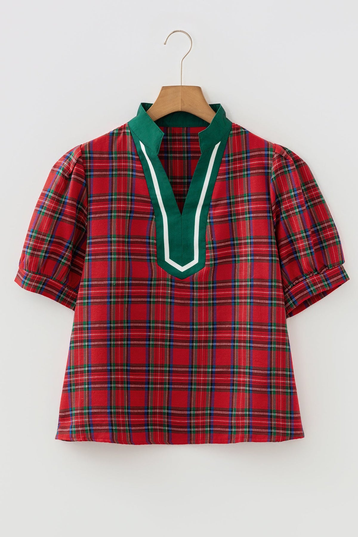 Plaid Contrast Trim V-Neck Short Sleeve Blouse
