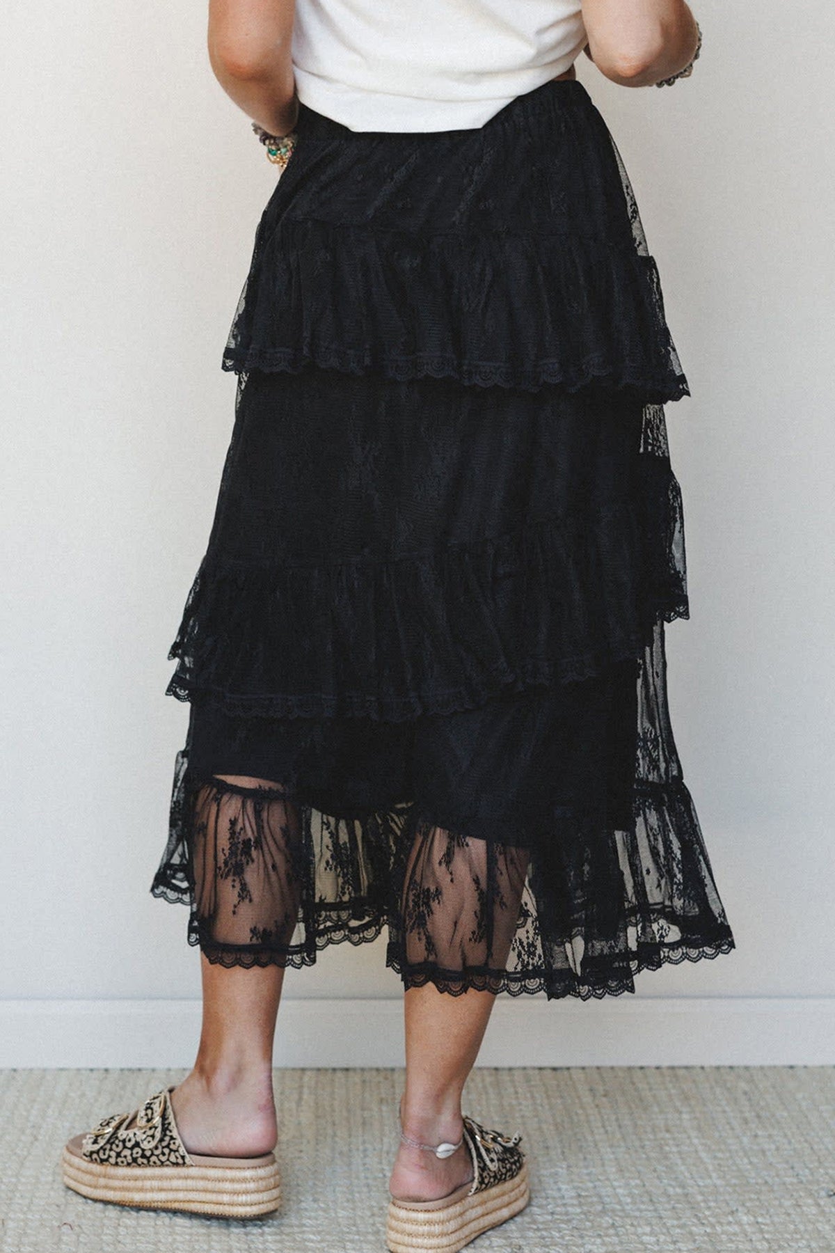 Black Ruffled Lace Midi Skirt