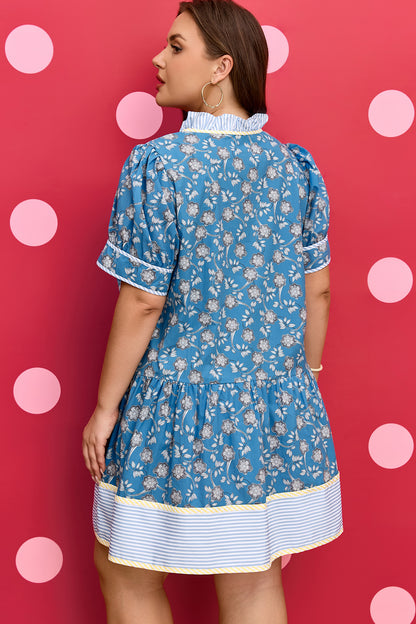 Blue Floral Stripe Ruffle Dress