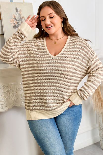 Khaki Stripe V-Neck Sweater