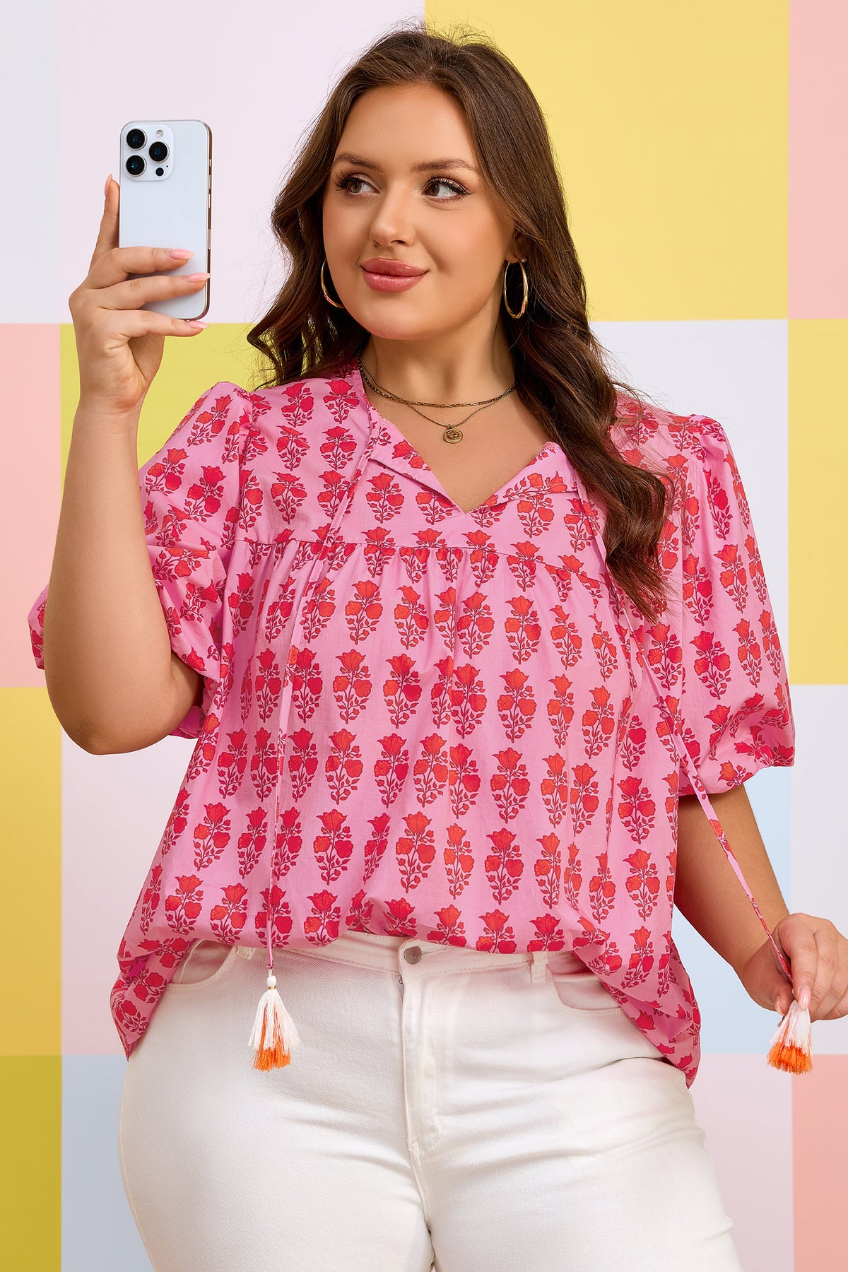 Pink Floral Tassel-Tie Blouse