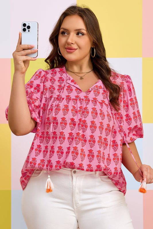 Pink Floral Tassel-Tie Blouse