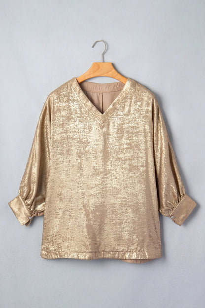 Metallic V-Neck Button Cuff Dolman Sleeve Blouse