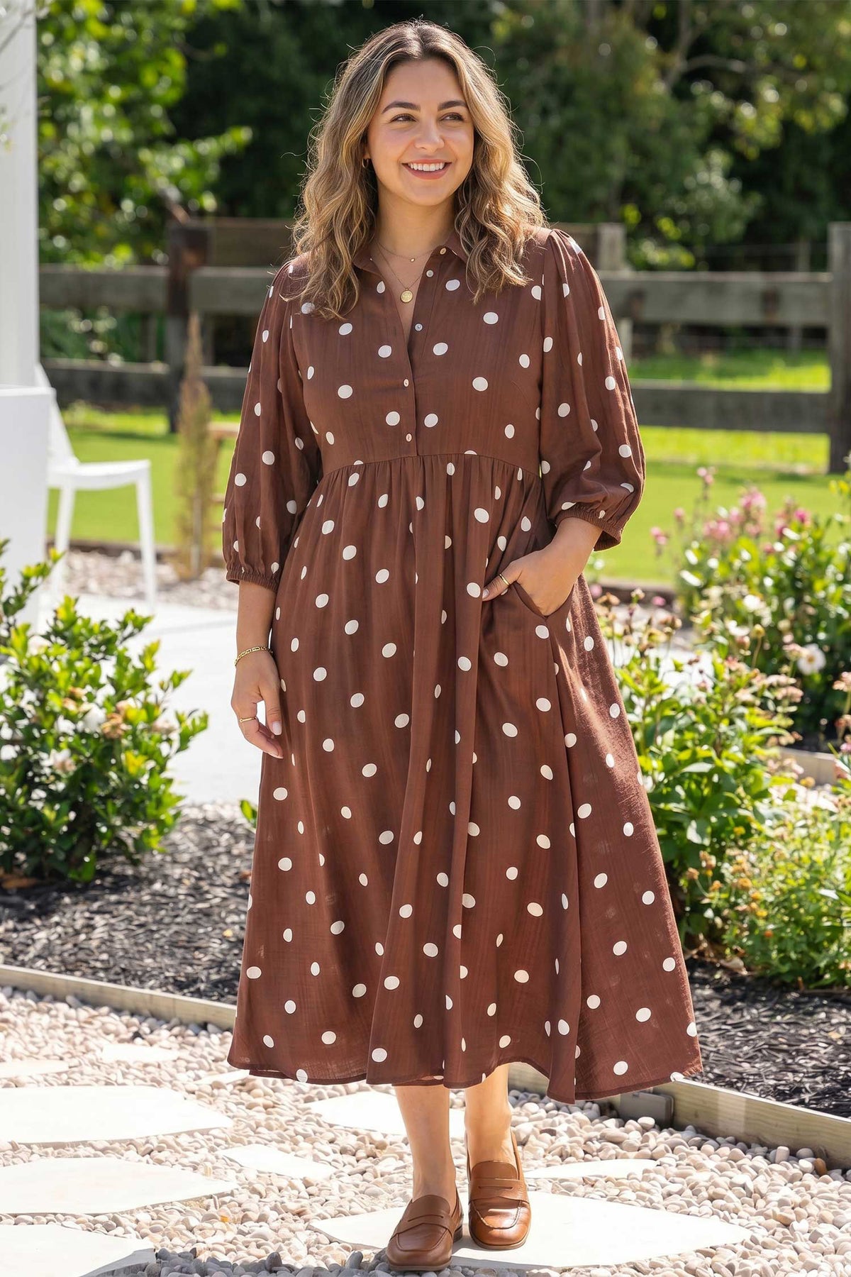 Brown Polka Dot Pocket Midi Dress