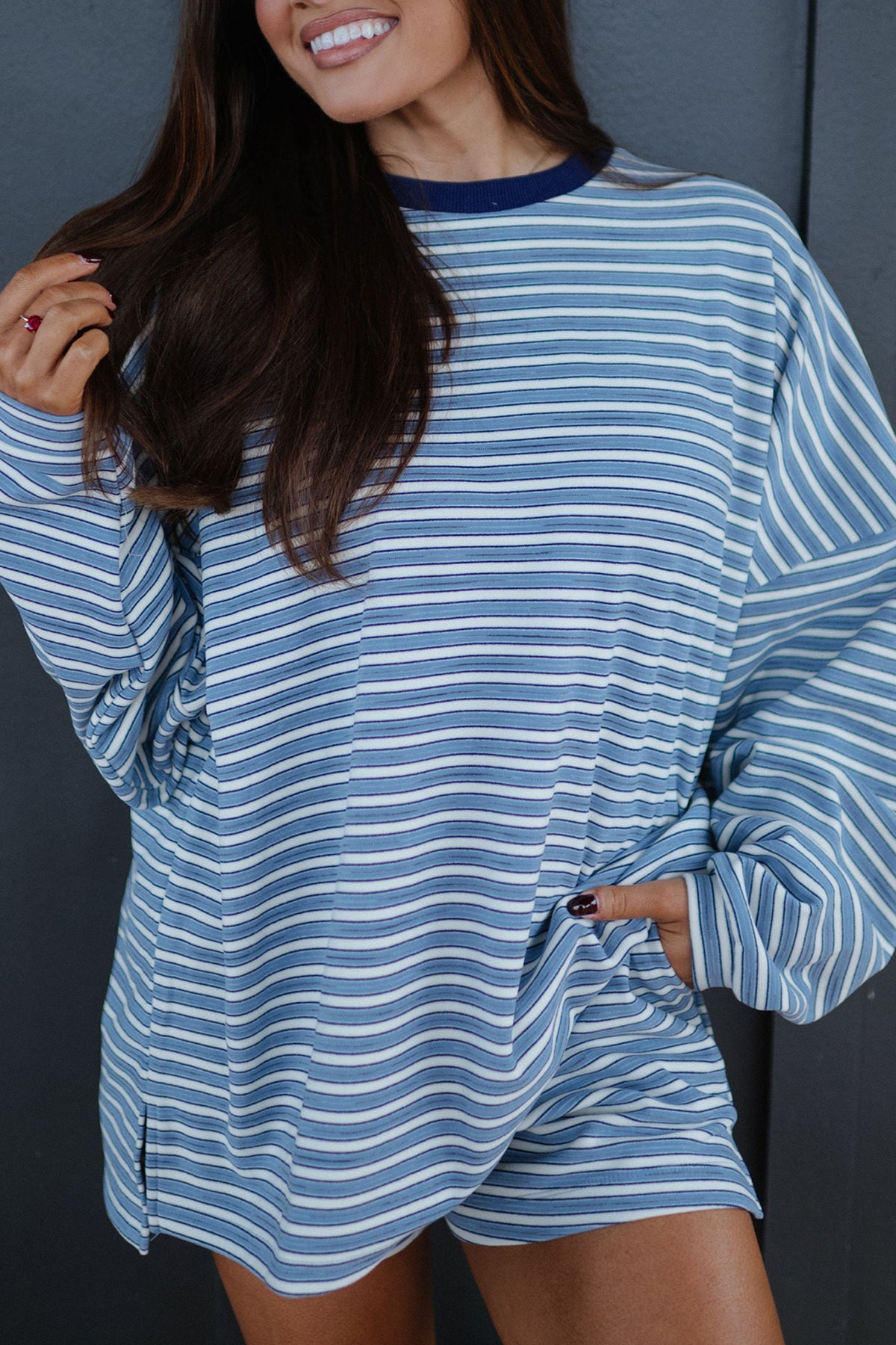 Brown Stripe Long Sleeve Oversized Top Pocketed Casual Shorts Two Piece Set