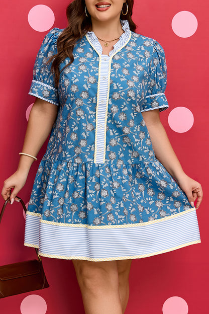Blue Floral Stripe Ruffle Dress