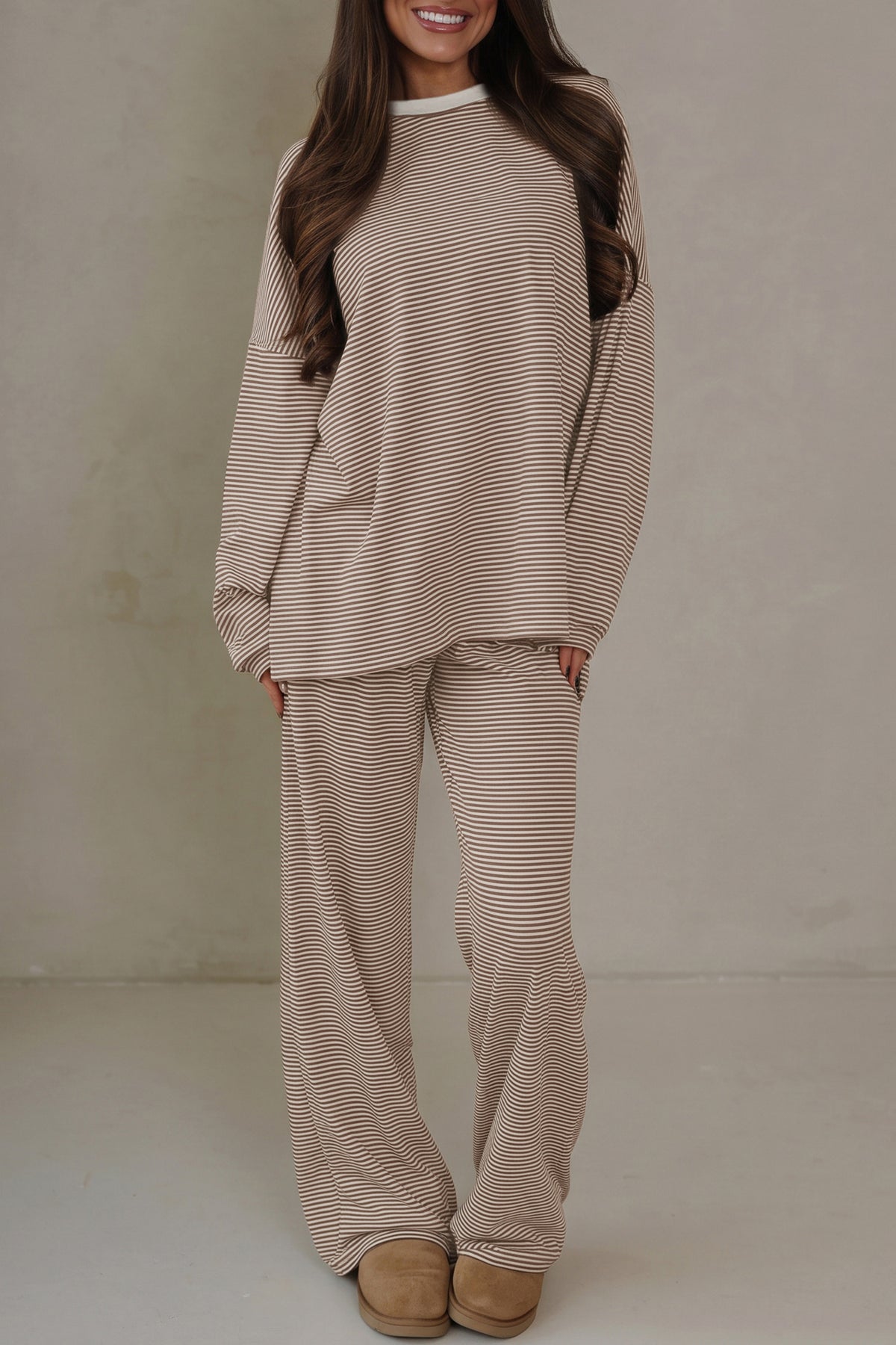 Blue Stripe Contrast Trim Round Neck Oversize Long Sleeve Top 2pcs Pant Set