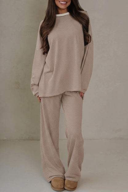 Blue Stripe Contrast Trim Round Neck Oversize Long Sleeve Top 2pcs Pant Set