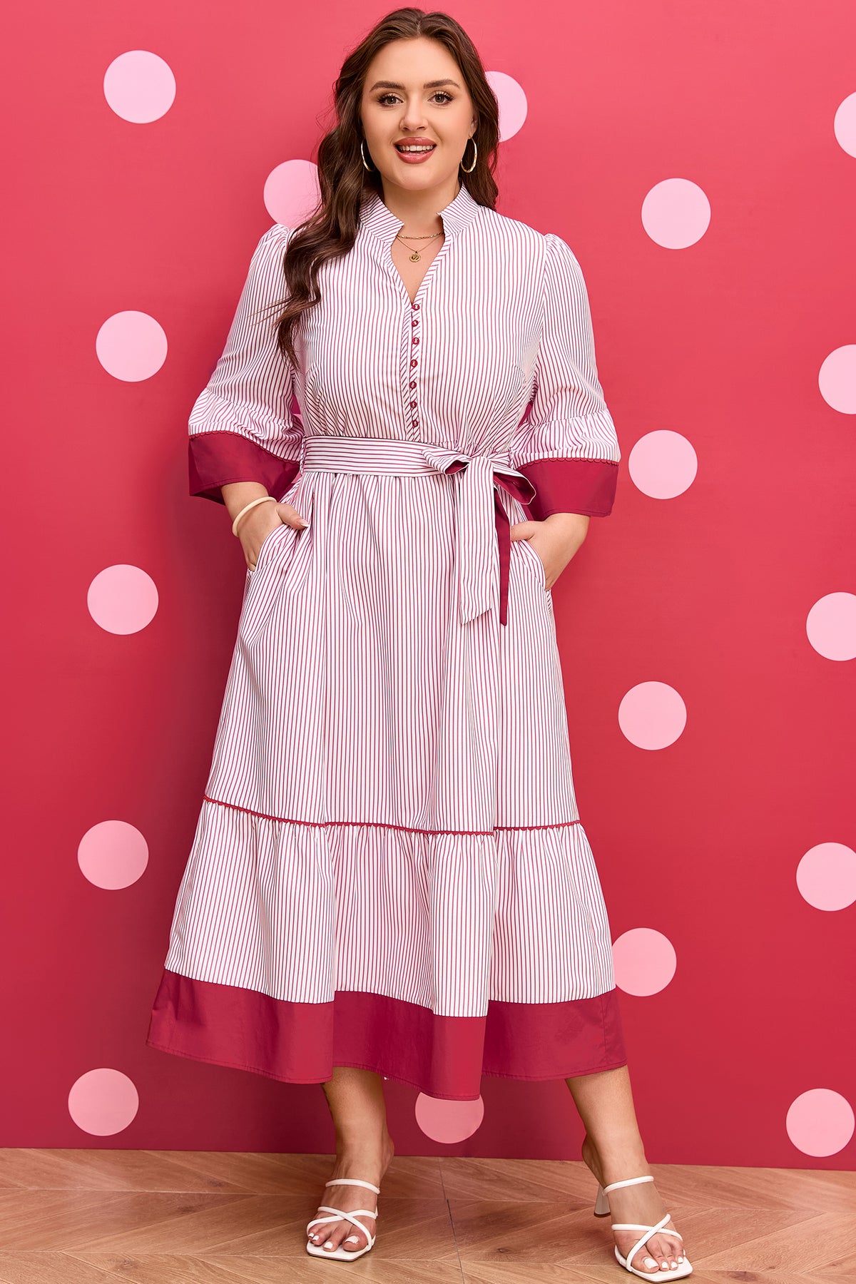 Red Stripe Ruffle-Hem Midi Dress
