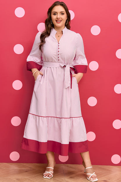Red Stripe Ruffle-Hem Midi Dress