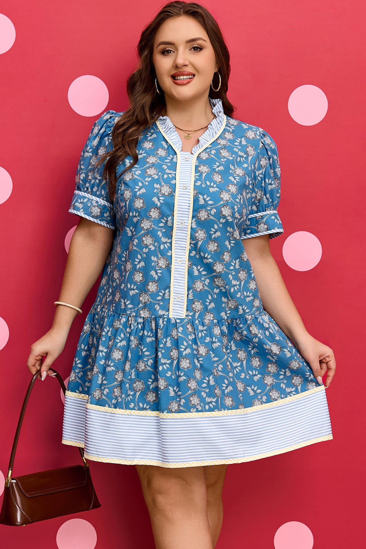 Blue Floral Stripe Ruffle Dress