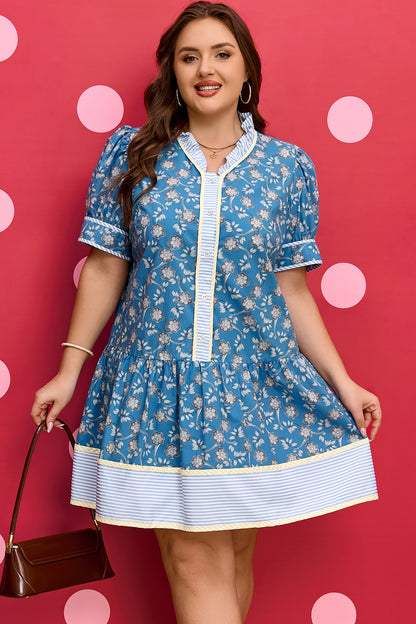 Blue Floral Stripe Ruffle Dress