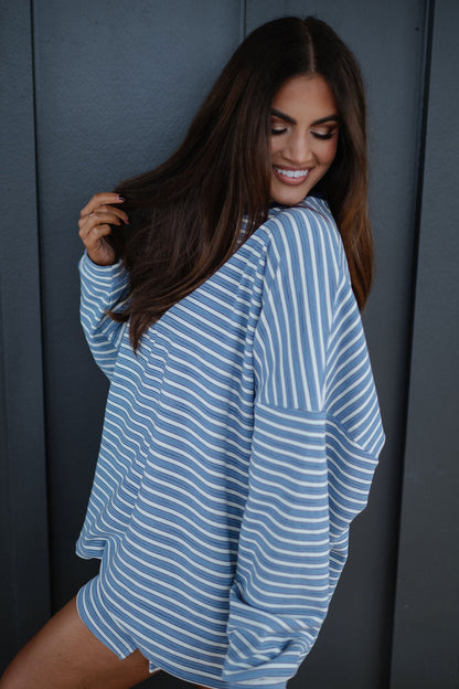 Brown Stripe Long Sleeve Oversized Top Pocketed Casual Shorts Two Piece Set